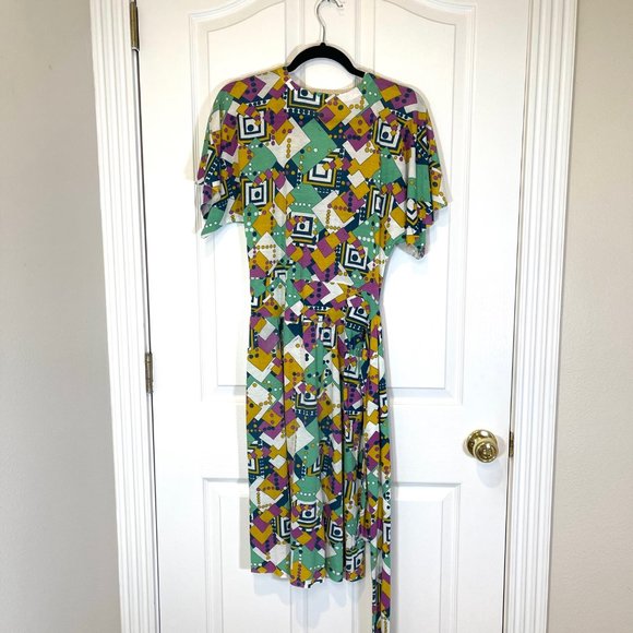 Geometric Printed Jersey Belted Short Sleeve Y2K Dress S - Picture 2 of 8